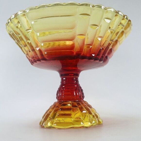 Jeannette Glass Amberina Louisa Footed Fruit Bowl Compote Yellow Red VTG Flashed - Picture 1 of 11